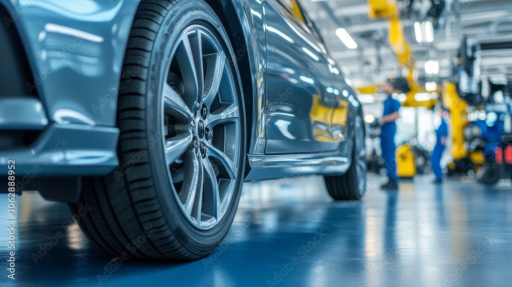 Wall mural a close-up view of a car wheel in an automotive workshop with mechanics working in the background.