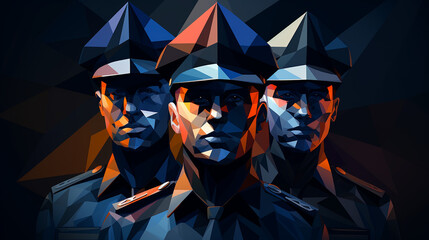 Graphic people models in the form of a triangle. Geometric abstract background in navy style.