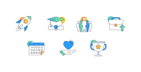 Career Growth and Motivation. Icons Included: Briefcase with Arrow Up, Graduation Cap with Diploma, Trophy with Star, Rocket with Dollar Symbol, Calendar with Event Marked
