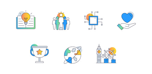 Community and Social Engagement. Icons Included: Group of People, Hand with Heart, Landmark with Ferris Wheel, Calendar with Friday Marked, Signpost with Multiple Directions