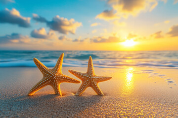 Fototapeta na wymiar Two starfish on the beach at sunset, a beautiful ocean landscape with a golden sun and blue sky, a relaxing summer vacation background, with space for text.