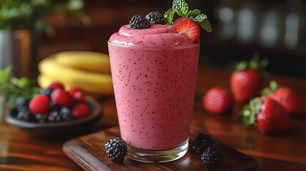 Berry smoothie in a glass with fruits.