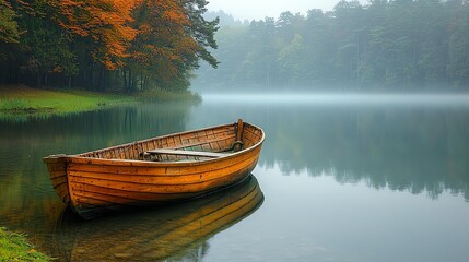 Wooden boat on tranquil lake, autumn scenery.