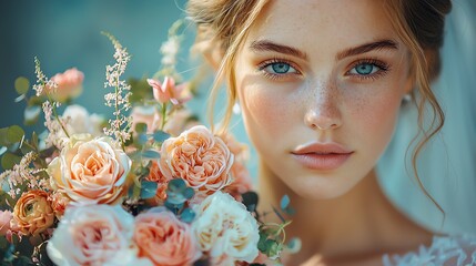 Bride with bouquet, portrait on soft background