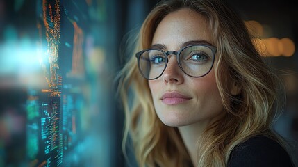 Woman with glasses and thoughtful expression