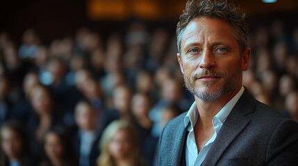 Confident man in a crowd, professional setting
