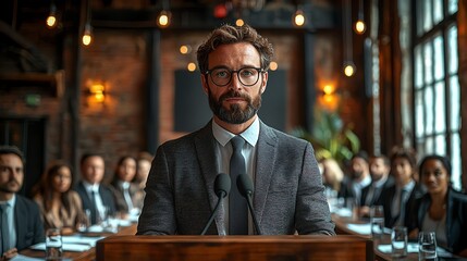 Confident speaker at a corporate meeting.