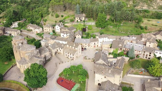 Aerial view of Santa Maria Church, Santa Cruz de la Seros, Huesca province, Aragon, Spain.