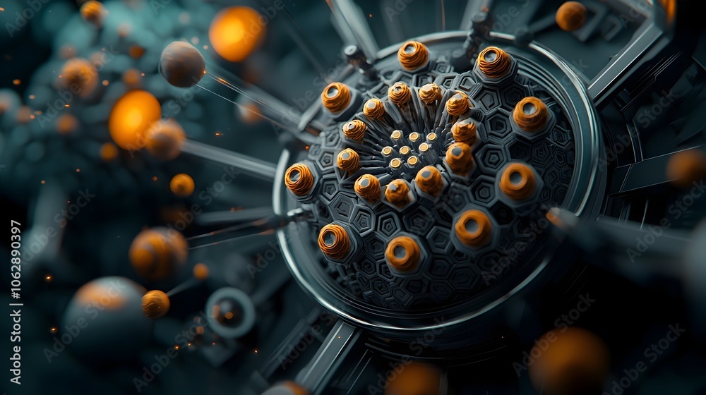 Poster mesmerizing spherical molecular structure with intricate geometric patterns and captivating energy f