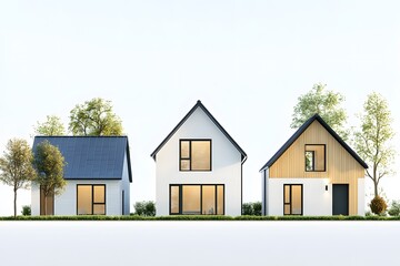 3d rendering of cute cozy white and black modern Tudor style house with parking and pool for sale or rent with beautiful landscaping. Fairy roofs. In evening Isolated on gray
