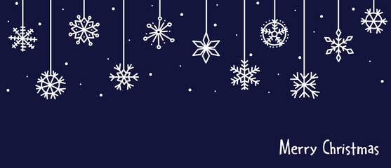 Hanging snow Christmas baubles. Seamless pattern with hanging snowflakes and congratulations. Luxurious Christmas poster. Great for textiles, wallpapers. Vector Christmas design in Scandinavian style