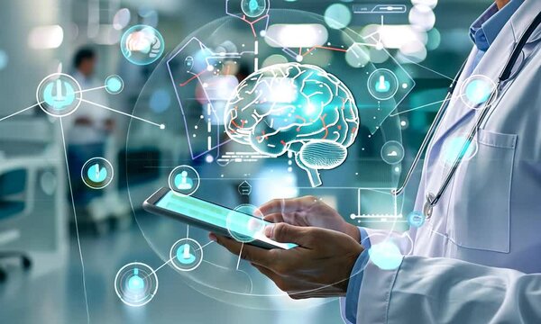 A doctor holding a tablet with a hologram of human body anatomy and a brain as analysis data on tablet.