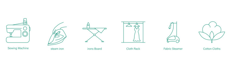 Swing Machine, Steam Iron, Iron Board, Cloth Rack, Fabric Steamer, Cotton Cloth Icon Set