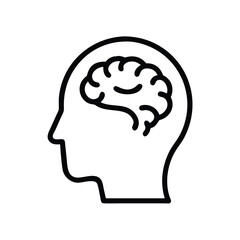 Head outline with brain icon in black and white, Black and white outline icon of a human head with a visible brain, representing intelligence, thinking, and mental health, isolated on white background