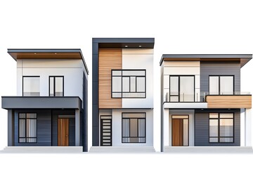 Obraz premium 3d rendering of cute cozy white and black modern Tudor style house with parking and pool for sale or rent with beautiful landscaping. Fairy roofs. In evening Isolated on gray 