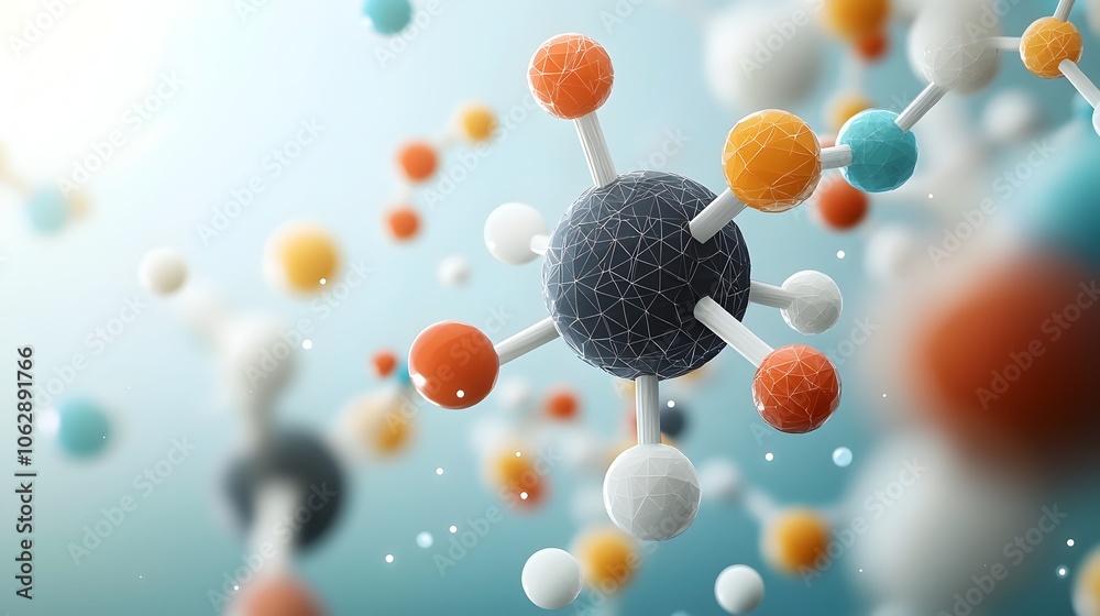 Poster vibrant molecular structures in dynamic metamorphic forms amid a futuristic sci fi backdrop showcasi