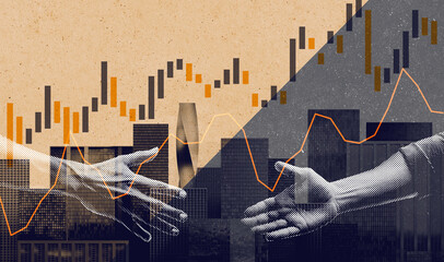 Creative collage illustration of financial business. Two human shaking hands for business agreement in front of skyscrapers and financial charts