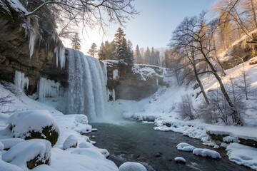A beautiful frozen waterfall surrounded by icicles, capturing winter's natural beauty.