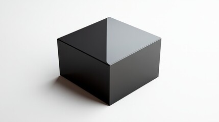 A metallic black box with sharp reflections, placed at an angle on a clean white background 