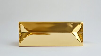 A metallic gold box with sharp, reflective surfaces, placed symmetrically on a plain white background