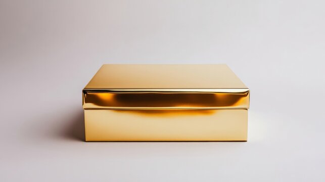 A metallic gold box with sharp, reflective surfaces, placed symmetrically on a plain white background