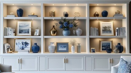 Close-Up Zoom Virtual Background with Beautiful Blue Modern Home Office Wall Shelving: Steady, Composed, Luxurious and Classic Cozy Interior Living Room Backdrop for Virtual Meetings