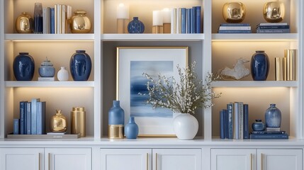 Close-Up Zoom Virtual Background with Beautiful Blue Modern Home Office Wall Shelving: Steady, Composed, Luxurious and Classic Cozy Interior Living Room Backdrop for Virtual Meetings