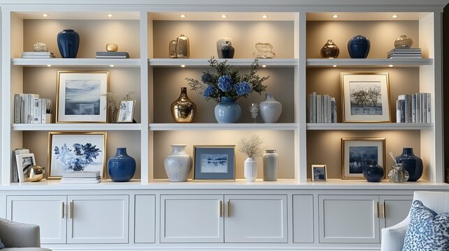 Close-Up Zoom Virtual Background with Beautiful Blue Modern Home Office Wall Shelving: Steady, Composed, Luxurious and Classic Cozy Interior Living Room Backdrop for Virtual Meetings