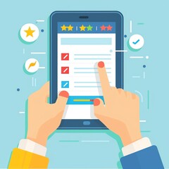 Illustration of hands interacting with a mobile device, showcasing a digital survey or form with checkboxes and colorful icons.