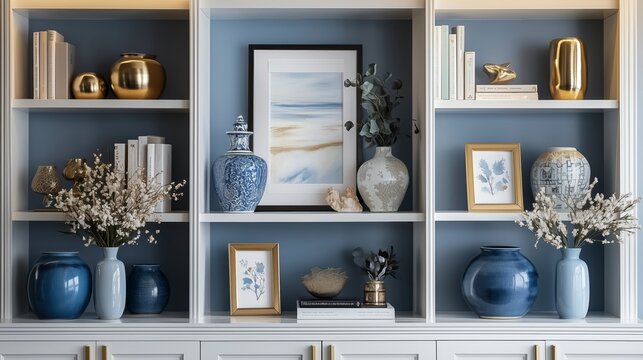 Close-Up Zoom Virtual Background with Beautiful Blue Modern Home Office Wall Shelving: Steady, Composed, Luxurious and Classic Cozy Interior Living Room Backdrop for Virtual Meetings