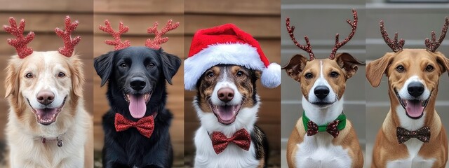 Obraz premium Festive Dogs Wearing Reindeer Antlers and Santa Hat. Five dogs dressed in Christmas accessories including antlers and a Santa hat, showcasing holiday cheer and joy. Perfect for festive, playful