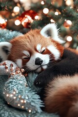 Obraz premium A serene red panda peacefully naps among Christmas decorations, resting on a soft, cozy bed of green with warm holiday lights in the background.