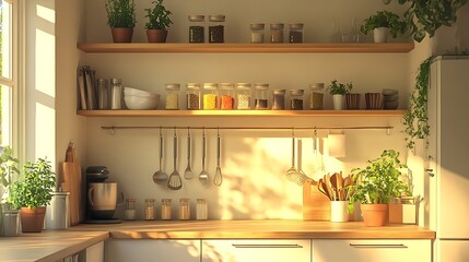 Bright kitchen corner with soft pendant lighting, neatly arranged spice rack, metal utensil hooks, and light wood shelves for a functional yet stylish setup. --ar 16:9