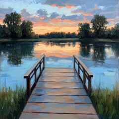 Fototapeta premium A wooden dock extends into a serene lake, reflecting the vibrant colors of a sunset sky.