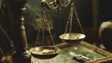 A vintage scale balances coins, set against a moody backdrop, evoking themes of justice, trade, and antiquity.