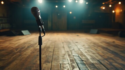 A microphone stand with a wireless handheld microphone, standing on a wooden stage