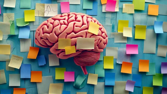 A pink brain model is covered in colorful sticky notes on a blue wall