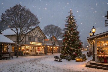 A picturesque village square during a snowstorm with festive lights glowing through the snow.