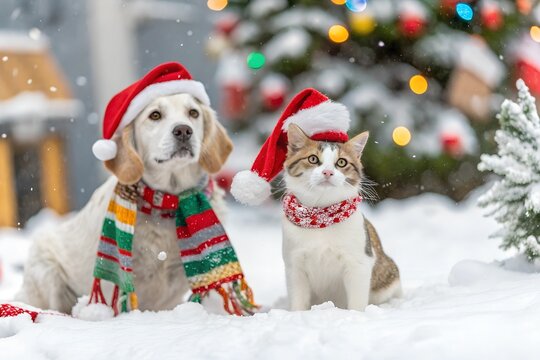 A playful scene of pets dressed in holiday attire, adding charm to the festive season.