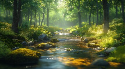 Fototapeta premium Beautiful River Flowing Over Mossy Rocks in Mysterious Forest with Sunbeams and Mist Generative AI