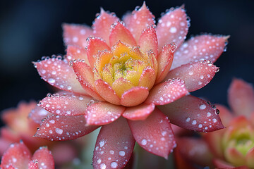 A close-up of a pink succulent flower covered in droplets, showcasing its intricate petals and vibrant colors against a dark background.