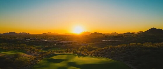 Obraz premium A stunning sunset over a golf course, illuminating the sky with warm colors, casting a serene glow on the landscape.