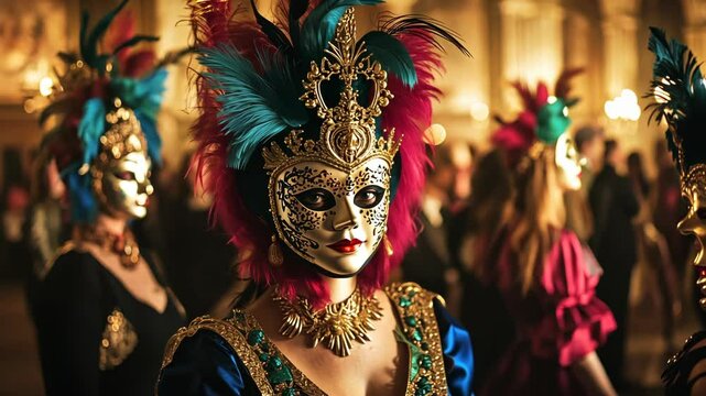 A woman in a gold mask and blue and red feathered headdress attends a masquerade ball