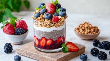 Vivid Photorealistic Chia Pudding with Fresh Fruits and Nuts in a Stylish Bowl on a Wooden Table