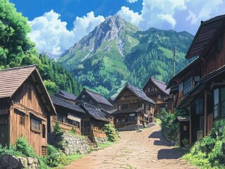 Serene animestyle mountain village featuring traditional wooden houses amidst lush greenery and majestic peaks