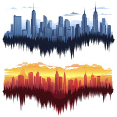 Obraz premium Cityscape Silhouette with Forest Edge and Sky Day and Sunset (Transparent Background)