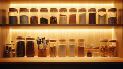 Clean and minimalist kitchen nook with gentle under-cabinet lighting, rows of clear glass jars neatly arranged with spices and grains, and polished metal utensils adding a touch of elegance.