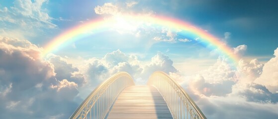 A serene scene featuring a radiant rainbow arching over a cloud-covered sky, with a path leading into a bright, hopeful horizon.