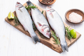 Raw sea bass fish photography . Top view