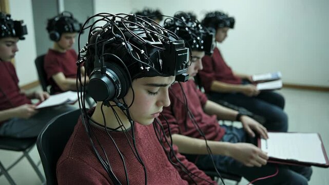 A boy sits with a headset and wires connected to his head, taking a test